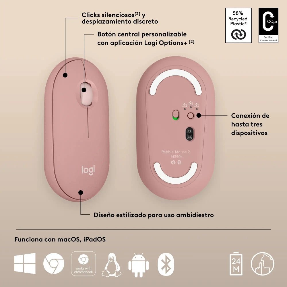 Mouse Inalámbrico Bluetooth Logitech Pebble Mouse 2 M350s - Rosa
