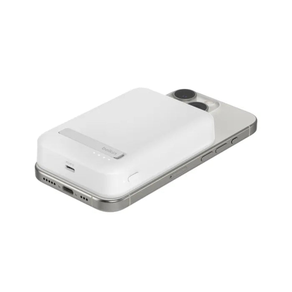 Batería Magnética Inalámbrica Belkin Qi2 - 10 000 mAh + Soporte - Blanca