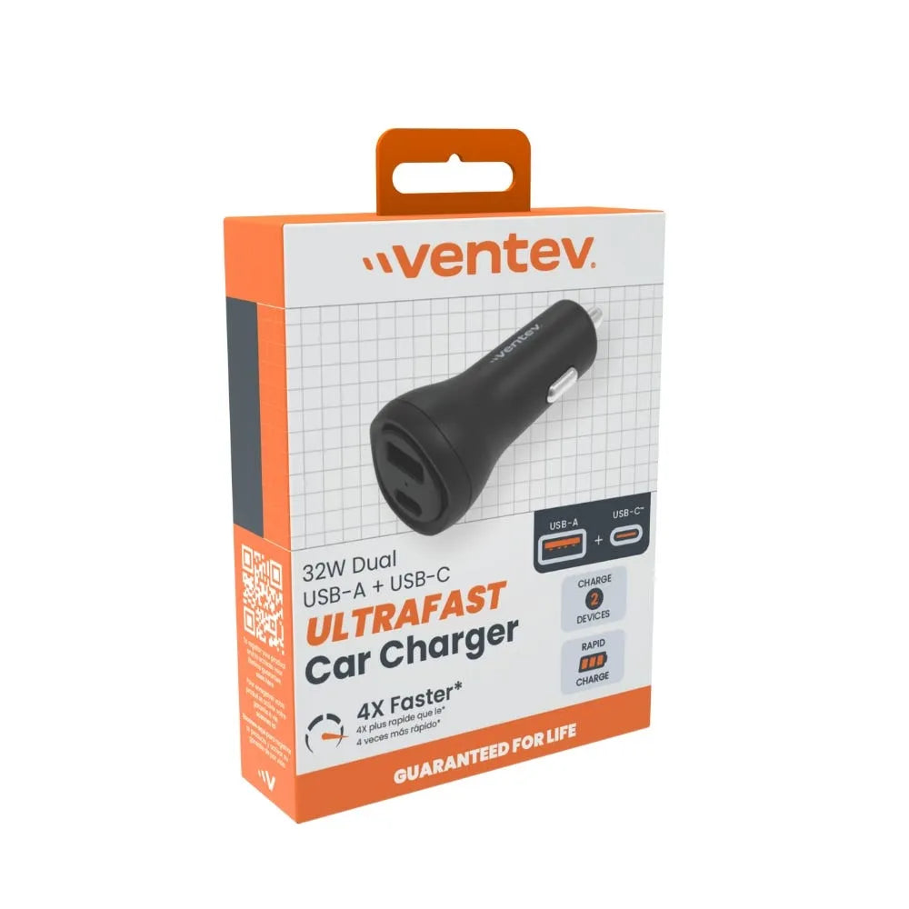 Cargador de carro Ventev dual 32W USB-C y USB-A - Negro