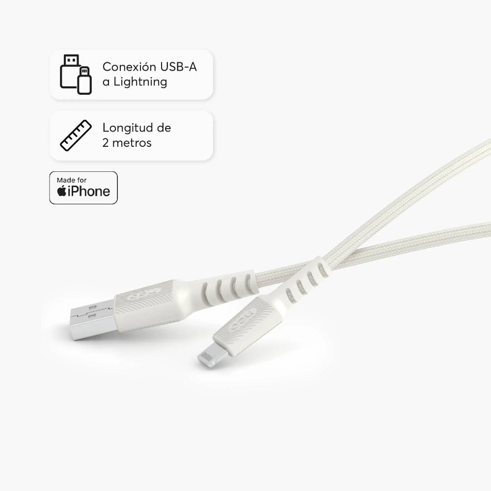 Cable Trenzado NCO PowerLite 2m USB-A a Lightning - Blanco Estrella