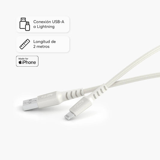 Cable Trenzado NCO PowerLite 2m USB-A a Lightning - Blanco Estrella