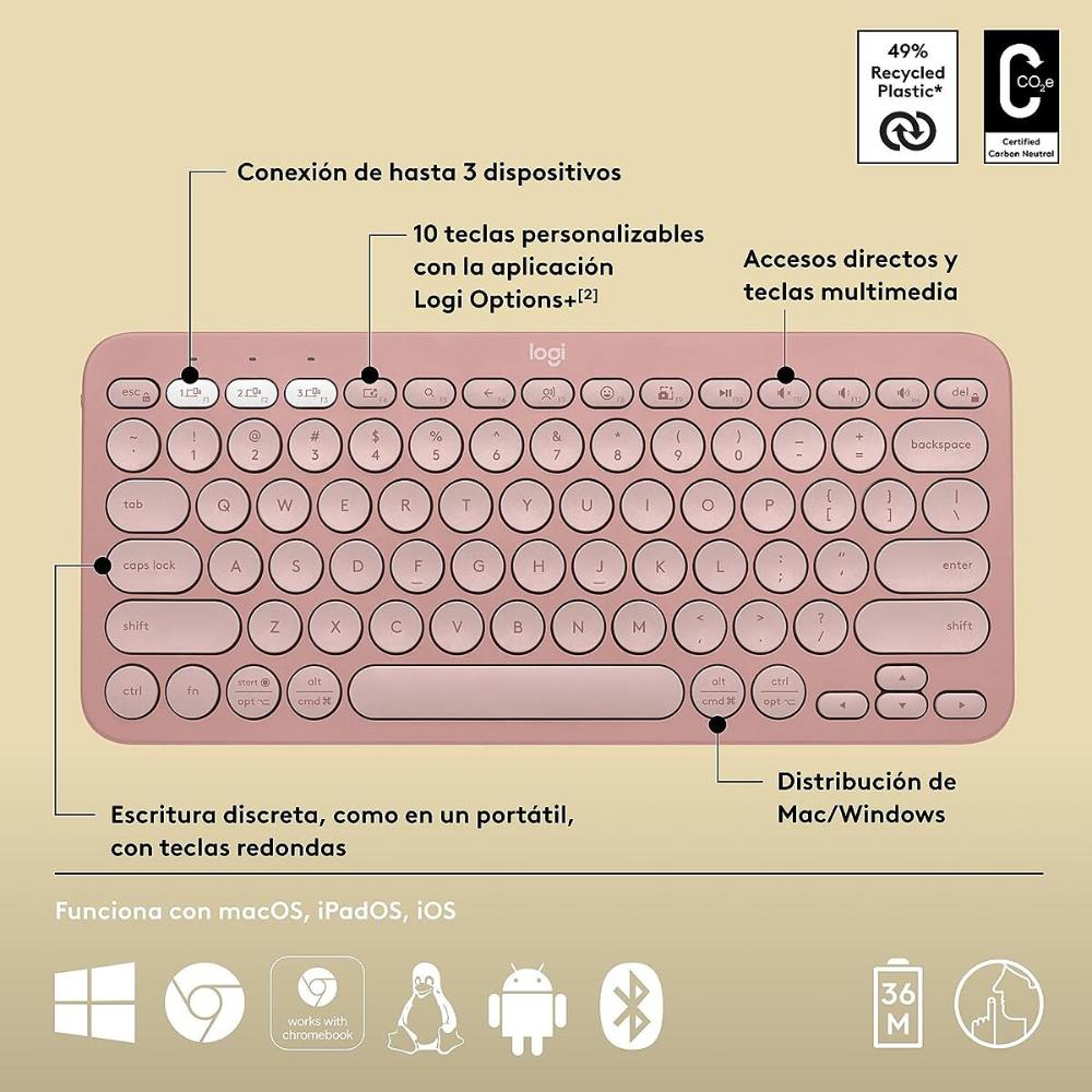 Teclado Bluetooth Multidispositivo Logitech Pebble Keys 2 K380s - Rosa