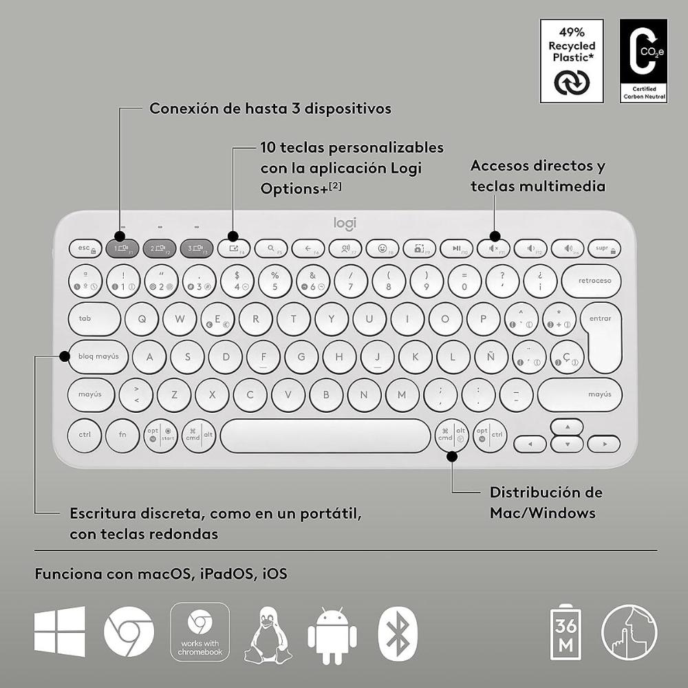 Teclado Bluetooth Multidispositivo Logitech Pebble Keys 2 K380s - Blanco