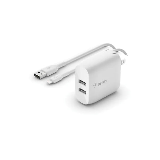 Cargador de pared Belkin Dual USB-A 24W + Cable Lightning a USB-A - Blanco