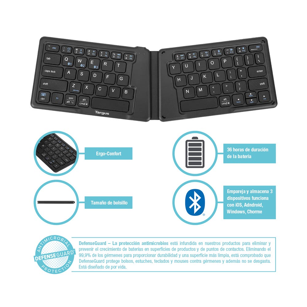 Teclado Targus plegable ergonómico Bluetooth antimicrobial - Negro