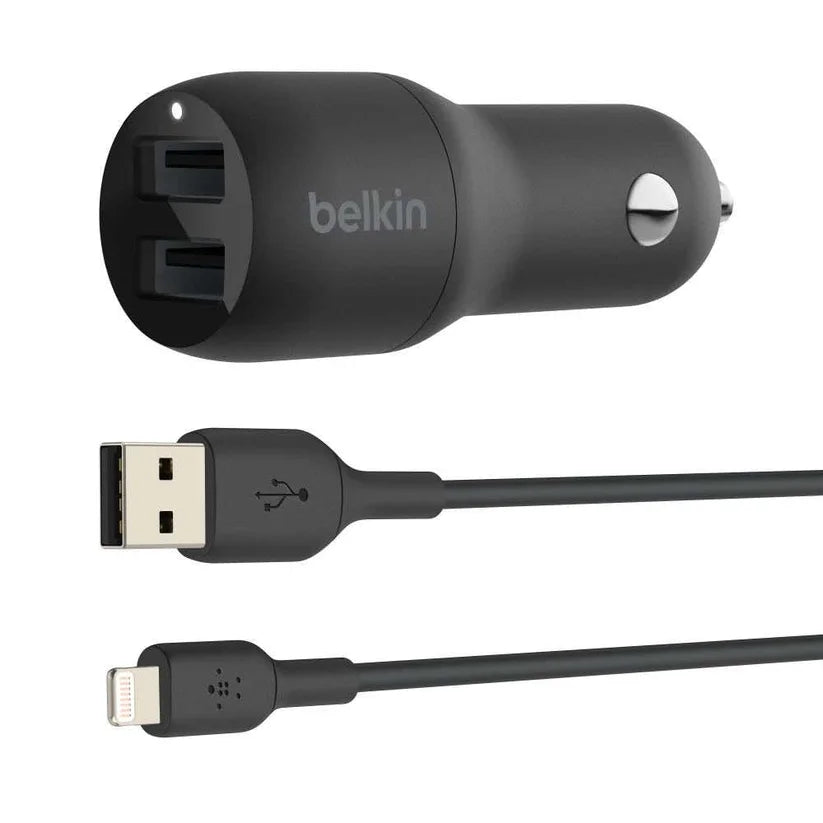 Cargador Carro Belkin Mixit 2 Puertos con Cable Lightning - Negro