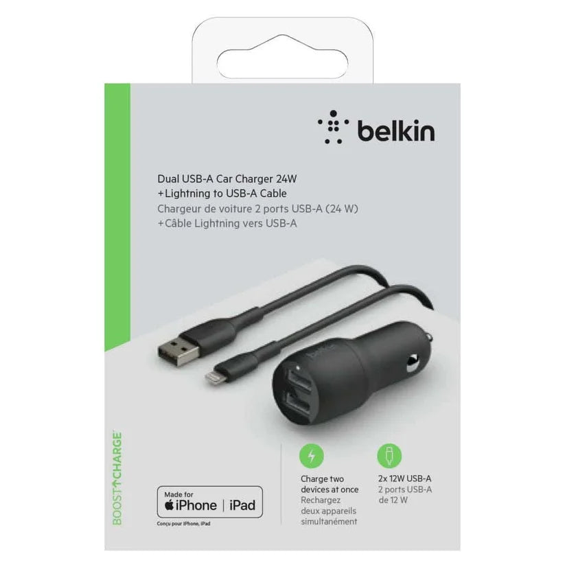 Cargador Carro Belkin Mixit 2 Puertos con Cable Lightning - Negro