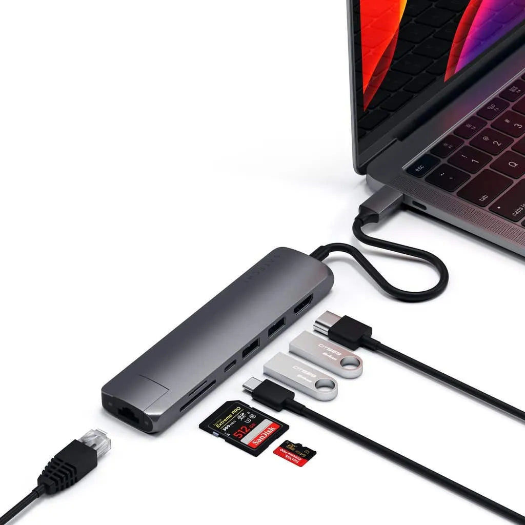 Adaptador Slim Satechi USB-C Ethernet HDMI 2 USB-A - Gris Espacial