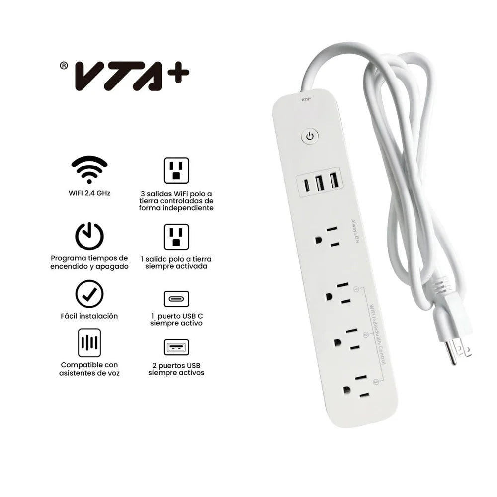 Multitoma VTA +  smart  4 Salidas P/T. 2 puertos USB y 1 Tipo C - Blanco